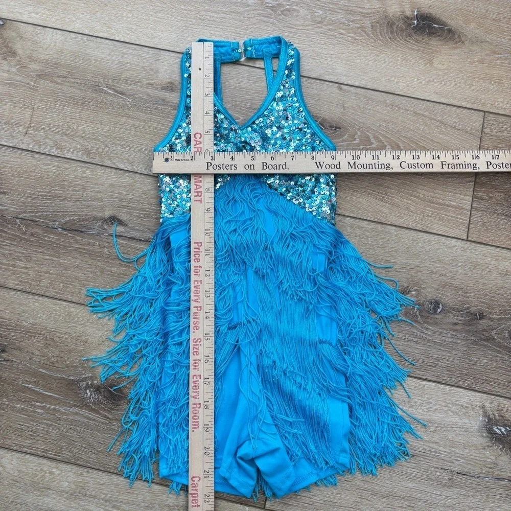 Weissman Showtime Dance Costume 10425 Size SC Blue Fringe Sequins Skating Tap